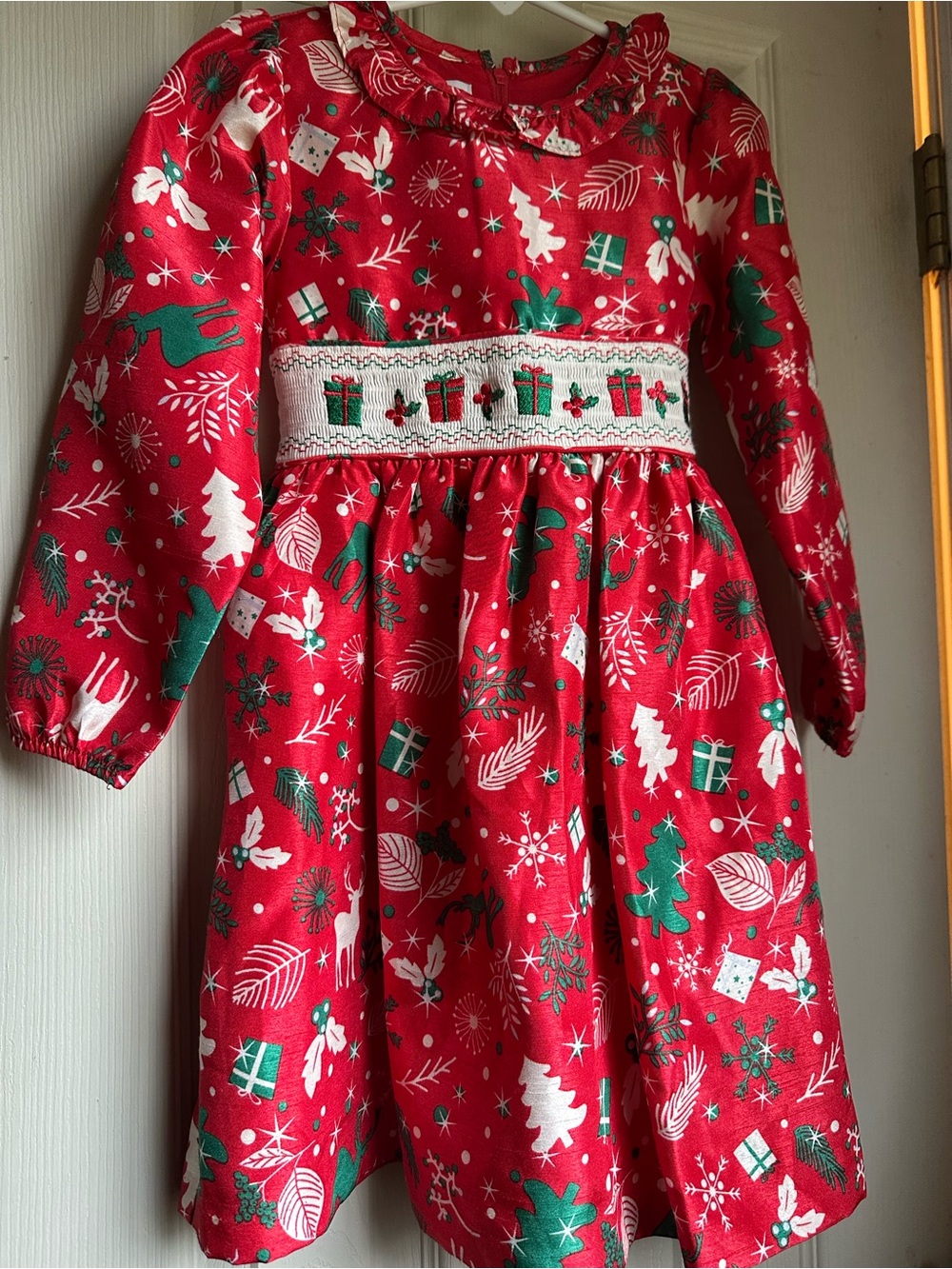 Bonnie Jean Red Holiday Smocked Dress with Green and White Accents